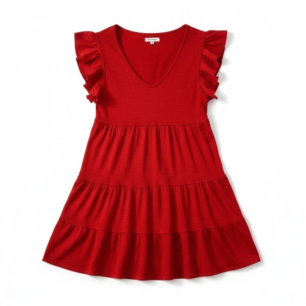 Max Studio Womens Ruffle Cap Sleeve V Neck Tiered Mini Dress Red M Boho Cottage